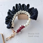 【再入荷｜ご好評】フリルハンドストラップ｜Denim frill｜デニムリボン パラコード スマホストラップ 落下防止