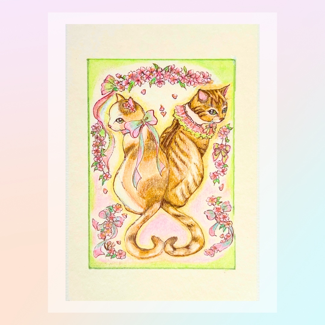 【原画】『春の陽光〜猫のハートしっぽ』　水彩画　水彩色鉛筆　猫イラスト　桜　ヒーリングアート　ポストカード　絵葉書 4,620円