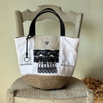 France antiquelinen＆lace*かごバッグ*王冠刺繍*モノトーン*ダマスク織りリネン*アールヌーボー