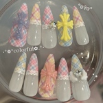 🌈カラフルネイル🌈 ネイルチップ ワンホン フレンチガーリー 韓国 ガーリーネイル うるうる ちゅるん スナ系 キラキラ クロム 十字架 平成 サブカル シズニルック y2k 春ネイル チェック