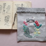 R4刺繍 リネン巾着　にゃん子リース