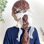 ♥️200【 パール ＆ ホワイト 】ポニーフック  オーガンジーリボン 結婚式 ヘアアクセサリー ヘアリボン 