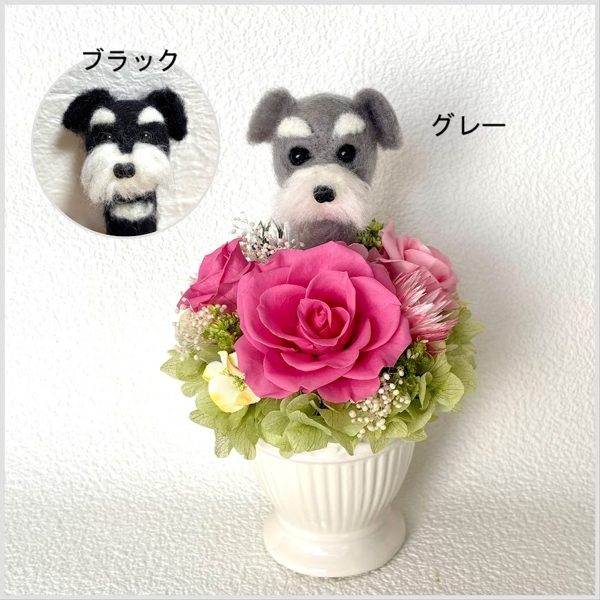 ちょこんと顔出す ダックスフンド(中央）＆ プリザーブドフラワー