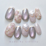 no.259 Rosé Mist🌹🫧　マグネットネイル　ぷっくりネイル　フラワー　春　グレー　ピンク　ガラスフレンチ　上品ネイル