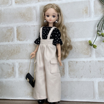 NO,524リカちゃん服　ライトベージュ　サスペンダーカーゴパンツ　黒白ランダムドット　フリルブラウス　オシャレお出かけコーデ　リアルクローズ