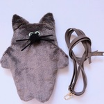 【濃グレージュ】もじゃ猫ポケット付きスマホショルダー