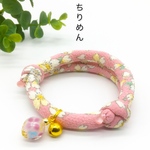 ちりめん回し首輪　ピンク桜　とんぼ玉　ミルキーピンク