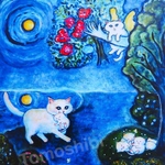 アートポスター「月夜の白猫ファミリー」 #絵画 #ねこ #白猫 #子猫 #天使猫 #猫の絵 #art #アート #小さめ #送料無料