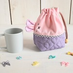 受注制作　サイズ変更・名入れ可♪うさちゃんコップ入れ巾着♡（ハート柄キルティング×ガーゼ）