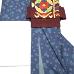 【幅広】ワンタッチ着物　くらわん着物　洗える着物リメイク　　変わり織青地水玉模様　(帯は別売)