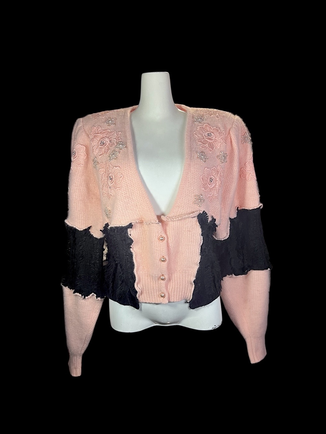 Pink Embroidery × Black Knit Cardigan