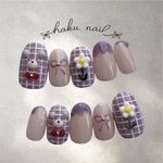 check pattern🧸(purple)/くま/ネイルチップ/花/フラワー/3D/nailtip/ネイル/チェック柄