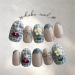 check pattern🧸(skyblue)/ネイルチップ/ネイル/nailtip/くま/チェック柄/花/3D