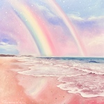 「Rainbow Serenity」原画　波動　ヒーリングアート　海　海岸　虹　星　空　愛