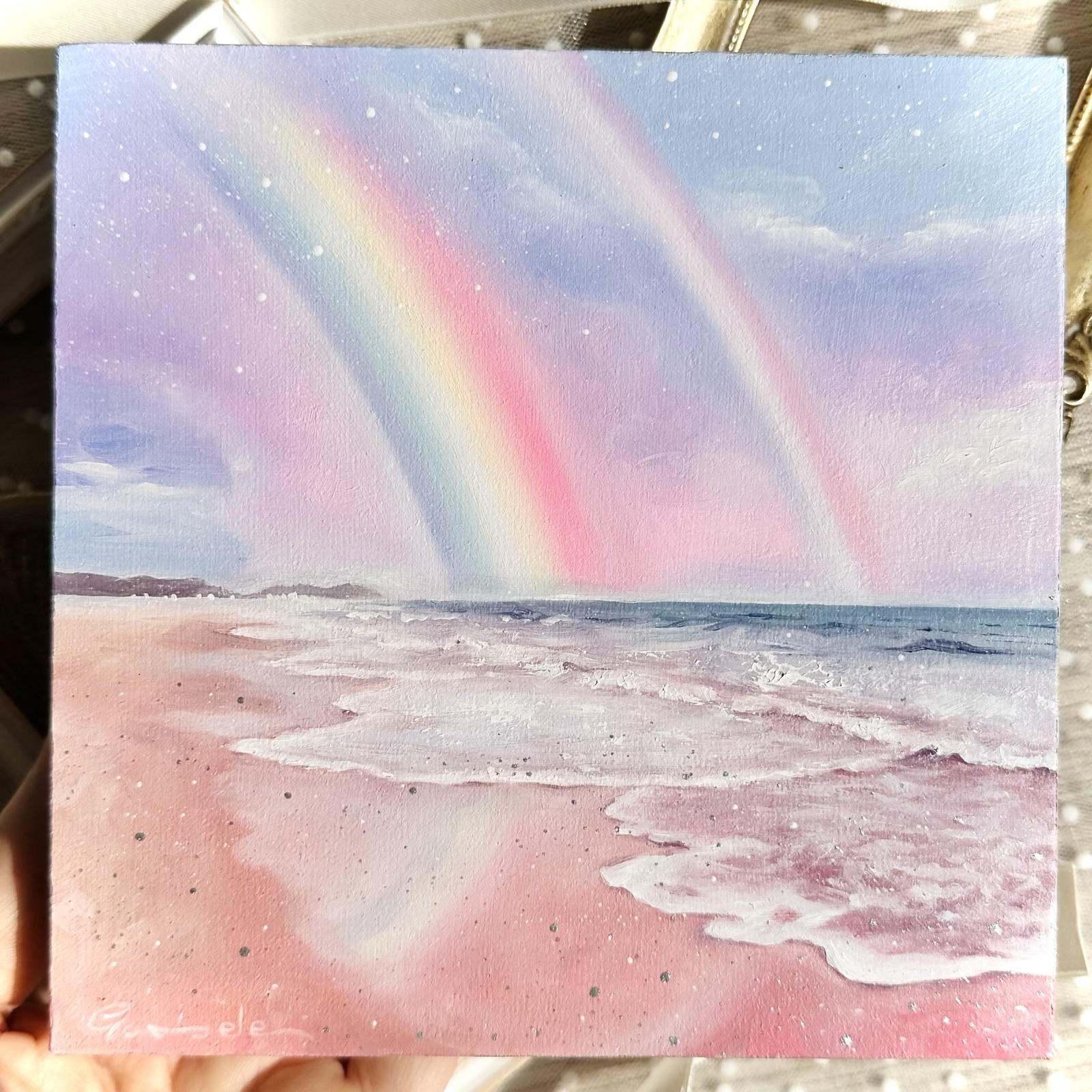 Rainbow Serenity」原画 波動 ヒーリングアート 海 海岸 虹 星 空 愛