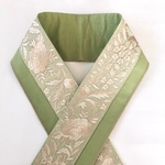 ◆インド刺繍リボン　大花　抹茶色　×　アンティークゴールド　半襟　半衿