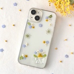 【全機種対応】ミモザ 忘れな草 花束 小花 押し花スマホケース ぷっくり リボン クリア iPhone17e/17/16/15/14対応 Android ブルー イエロー