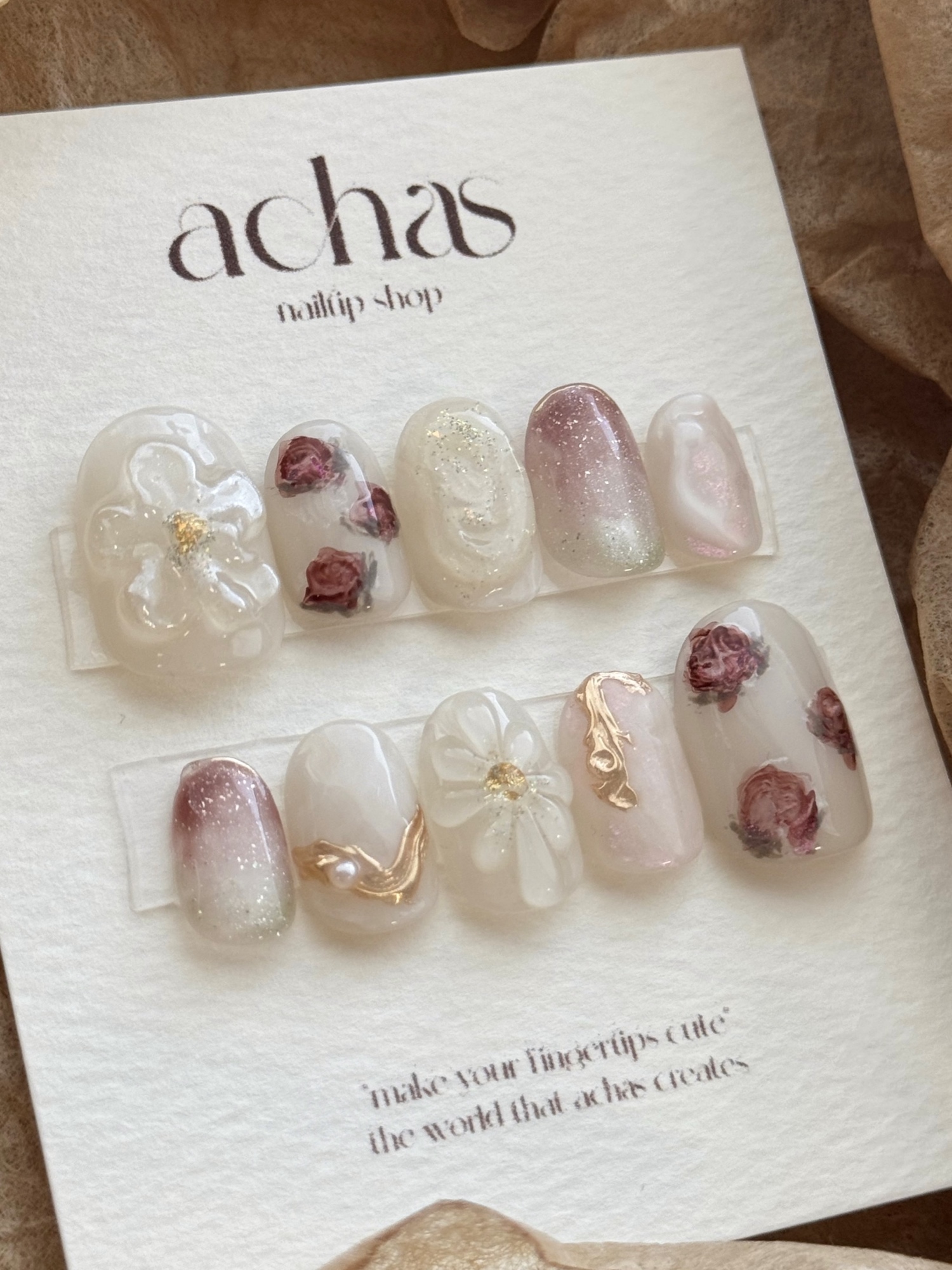 フラワー薔薇ネイルチップ NO.325 ぷっくり ニュアンス キラキラ 春