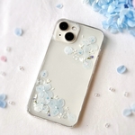 紫陽花 押し花スマホケース くすみカラー 小花フレーム ぷっくりリボン クリアケース iPhone17/17e/16 Android対応