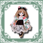 桜と矢絣の着物ドレス＆ヘッドリボン3点Set. ✿ 浅緑×焦茶×生成りレース ✿ オビツ11 シュガーカップス ピコニーモP ねんどろいどどーる ブラインドドール 等