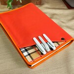 【手帳　ノートカバー】Cover pocke付き■合皮オレンジ/チェックベージュ■A6～A4サイズ選択■受注生産