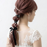 【ブラック】パール＆ サテンリボン の ポニーフック ヘアアクセサリー ウエディング 