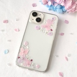 紫陽花 押し花スマホケース 小花フレーム ぷっくりリボン クリア iPhone17e/17/16/15/14 Android対応