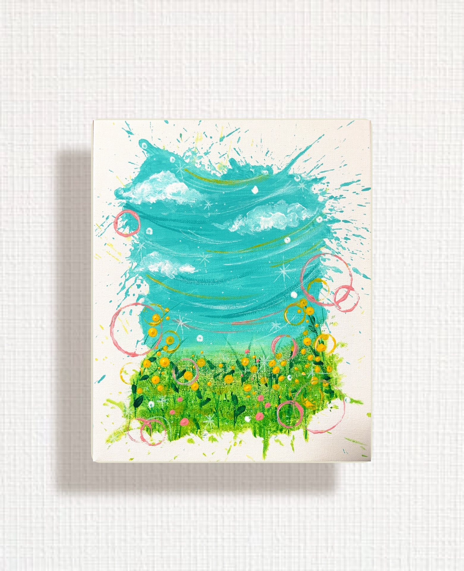 はじけてSpring 原画　アート　アートパネル　絵　春　草原　インテリア　プレゼント　花　水色　ピンク　おしゃれ