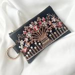 夜桜のようなカラビナ付きポーチ🌸インド刺繍リボン　母の日にも💐