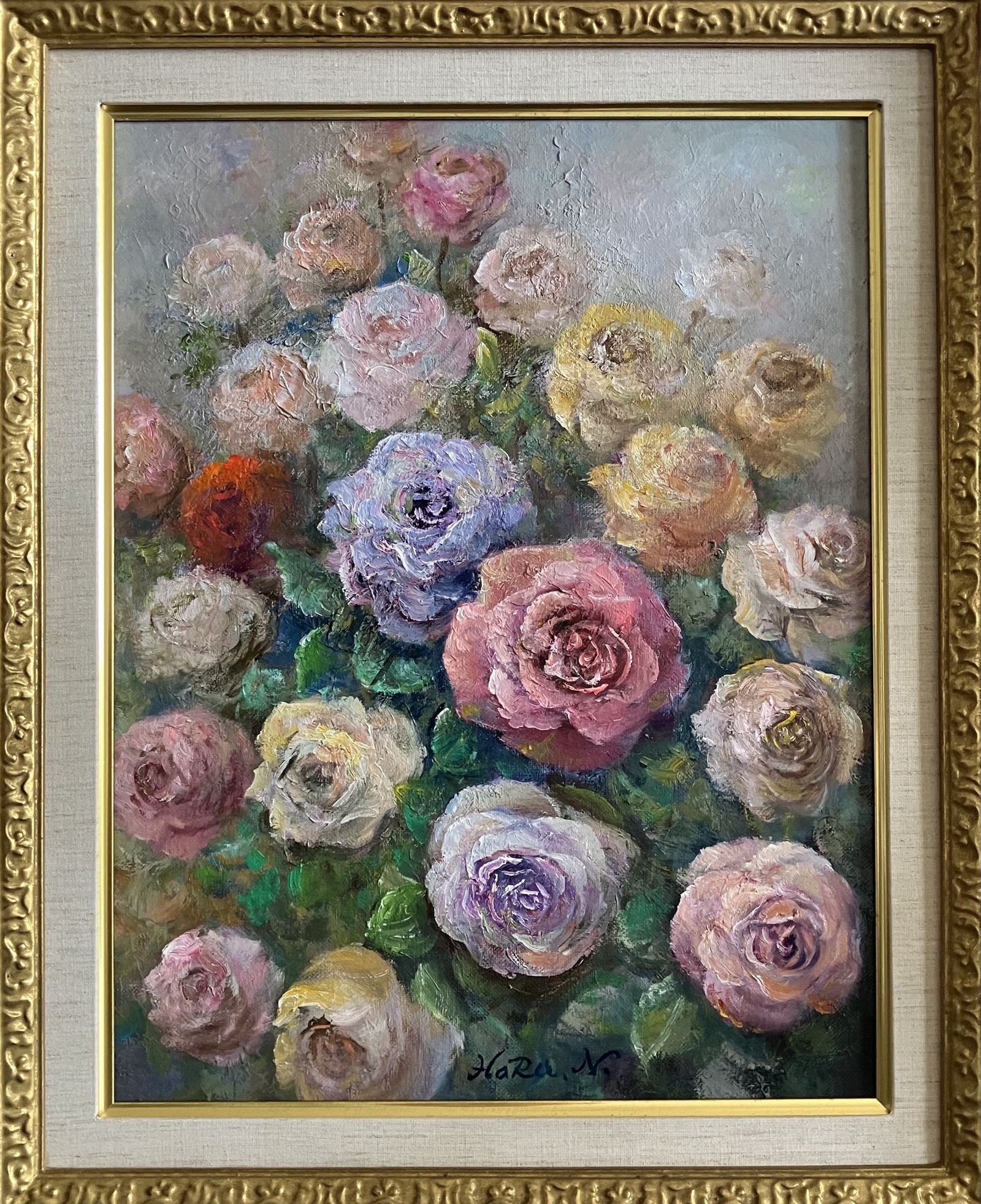 ☆ HaRu 薔薇 花 花瓶 1点物 真作 原画 絵画 油絵 ♪ アンティーク