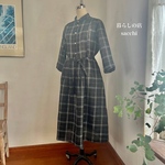 ミモザチュニックワンピース(7分袖)　リネン　タータンチェック　ブラック　　　＊暮らしの店sacchi＊