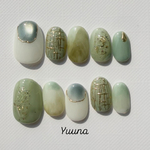 【セージミントヴェール-Sage Mint Veil-】|ネイルチップ|グリーンネイル|ミントネイル|ニュアンスネイル|大人ネイル|宝石ネイル|上品ネイル|ゴールドネイル|春ネイル|夏ネイル|