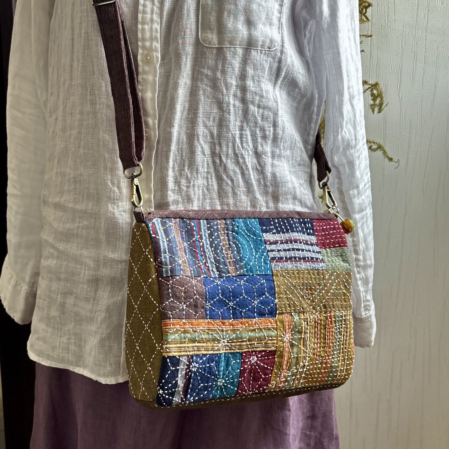 新作✴︎松阪もめん縞模様×刺し子のパッチワークキルト ハンドメイド