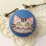 猫/青系9/マカロンコインケース(マカロンポーチ)ストラップ付
