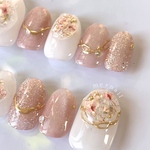Oshiban drop 𓂃 押し花　春　花　ネイルチップ　ピンクネイル　大人のピンク　キラキラ　フラッシュ　マグネット　同窓会　オフィス