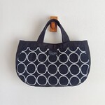 モノトーン　刺繍　サークル柄　ぷっくり横長トートBAG　綿麻　ブラック