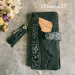 本革☆iPhone17対応　手帳型スマホケース　銀箔　花柄型押し　ブラック