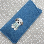 シーズー刺繍メガネケース　ブルー