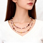 ネックレス ロング 天然石 パール ビーズ ◆ ロングネックレス 淡水パール メノー ルチルクオーツ ガーネット パイプビーズ 大人可愛い 個性的 （k1950）