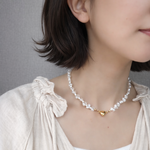 変形パールネックレス｜ハートマグネット金具｜ワンタッチ着脱｜ゴールドハート｜上品 シンプル 大人かわいい