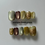 𝐚𝐧𝐭𝐢𝐪𝐮𝐞 𝐟𝐫𝐞𝐬𝐡 𝐠𝐫𝐞𝐞𝐧｜春ネイル｜夏ネイル｜初夏ネイル｜ニュアンスネイル ｜緑ネイル｜ブラウンネイル｜鉱物ネイル｜ゴールドネイル｜ネイルチップ