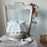 ベルギーリネン100France antique lace＊巾着かごバッグ＊ショルダーバッグ＊アンティーク