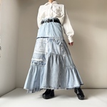 古着デニムリメイク 23枚のライトブルーデニムで仕立てたティアードスカート｜マキシ丈・一点もの
