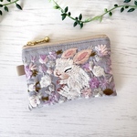 印鑑・スマートキーサイズ・インド刺繍リボンフラットポーチミニ・うさぎ