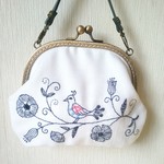 鳥と花 刺繍がま口ポーチ