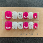 ピンクドットネイル　リボン　ガーリーネイル　ラブリーネイル　ベリーショート