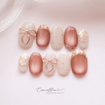 Coral Ribbon Charm -ぷっくりリボンのコーラルネイル-ネイルチップ マグネットネイル リボンネイル うるうる 上品 シンプル 夏ネイル