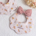 ［名入れ刺繍対応］ベビースタイ リボン付き｜テディベア柄｜出産祝い｜女の子｜2way｜リバーシブル｜ギフトラッピング