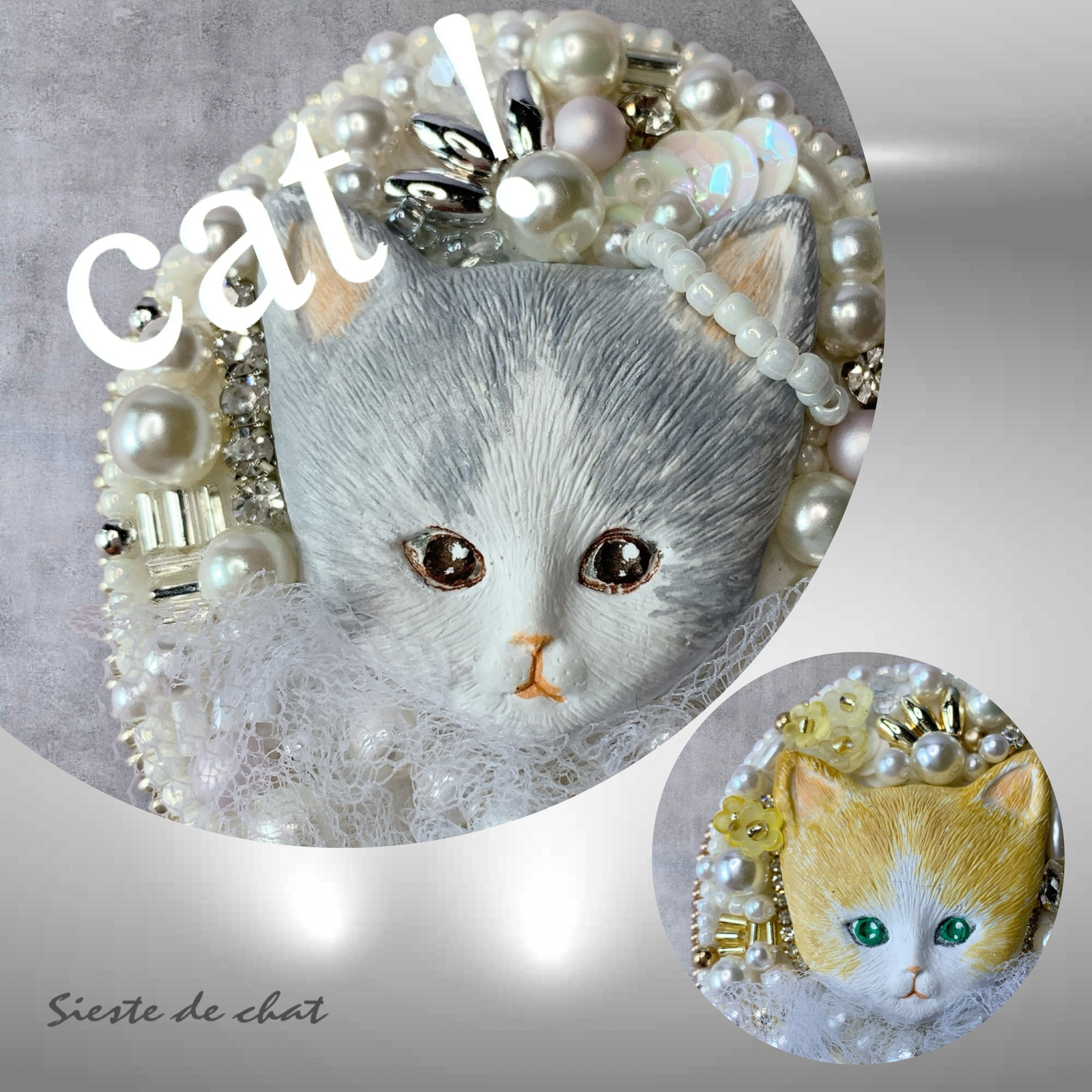 クラシカルキャットのビーズ刺繍ブローチ　バックチャームにも！