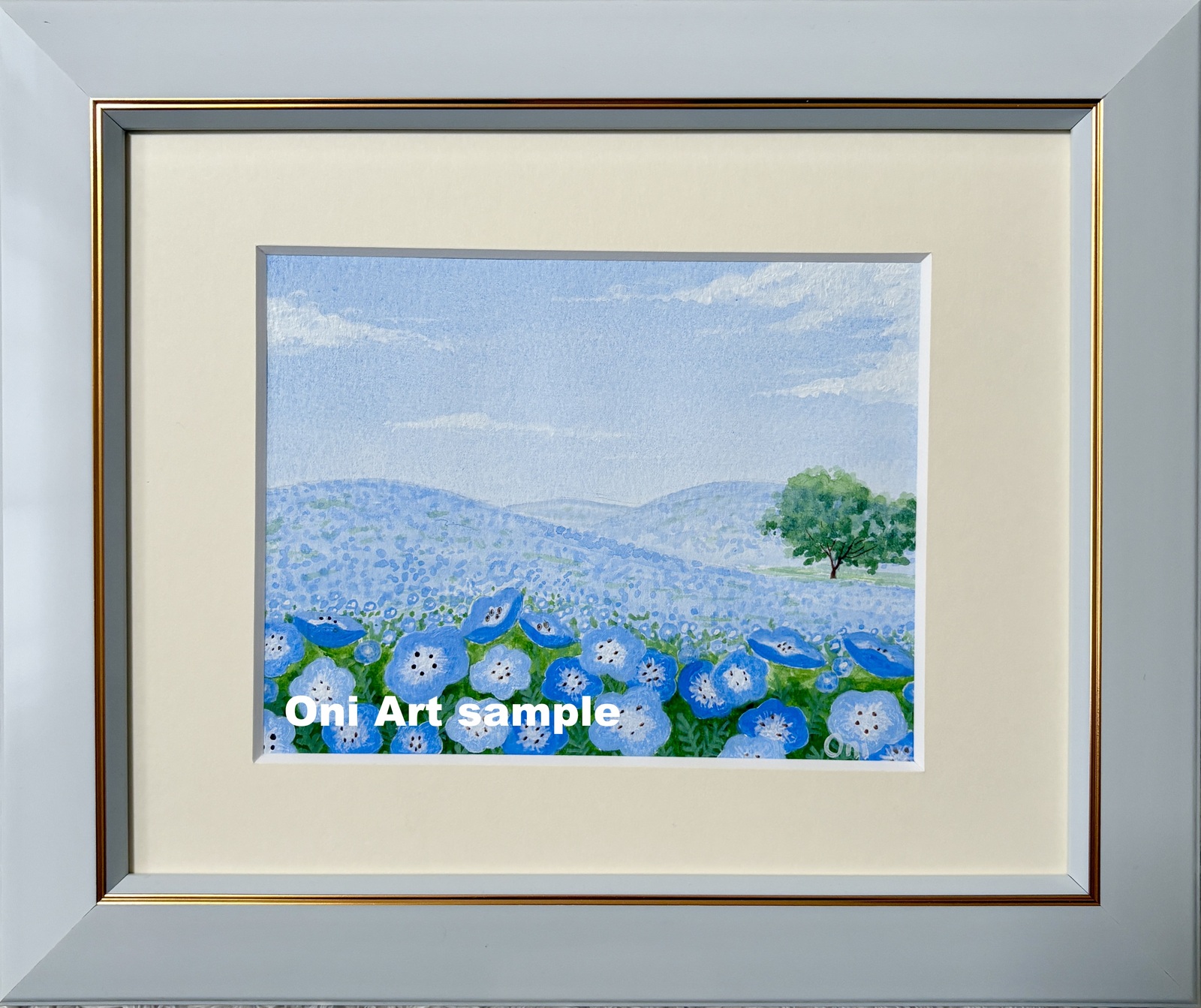 水彩画 透明水彩画 原画 「紫陽花の丘01」 額縁付き F4サイズ 風景画